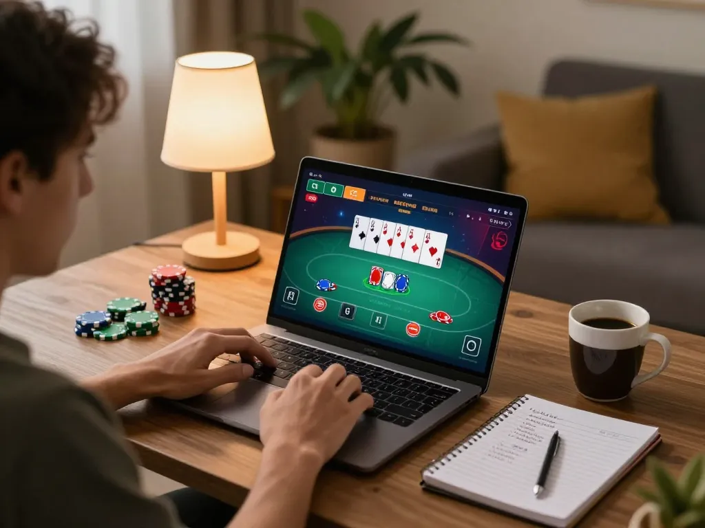 Engaging online poker gameplay with incakoin investment strategy on the laptop screen in a cozy home setting.