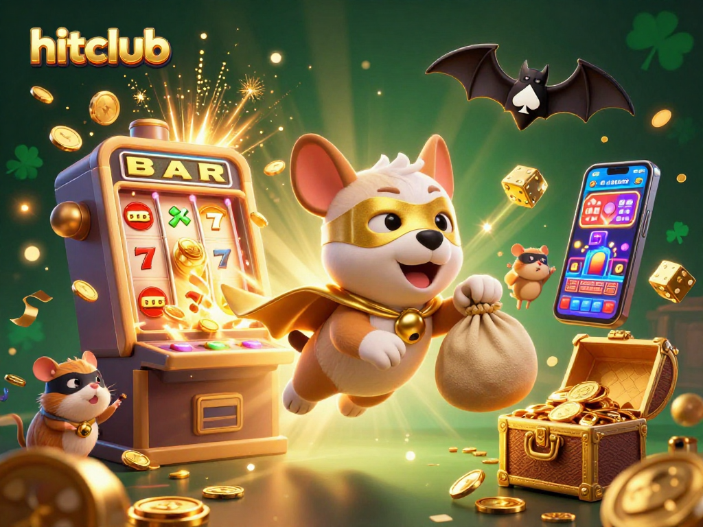 Experience thrilling gameplay at hitclub with a superhero dog and colorful casino elements in a vibrant 3D scene.