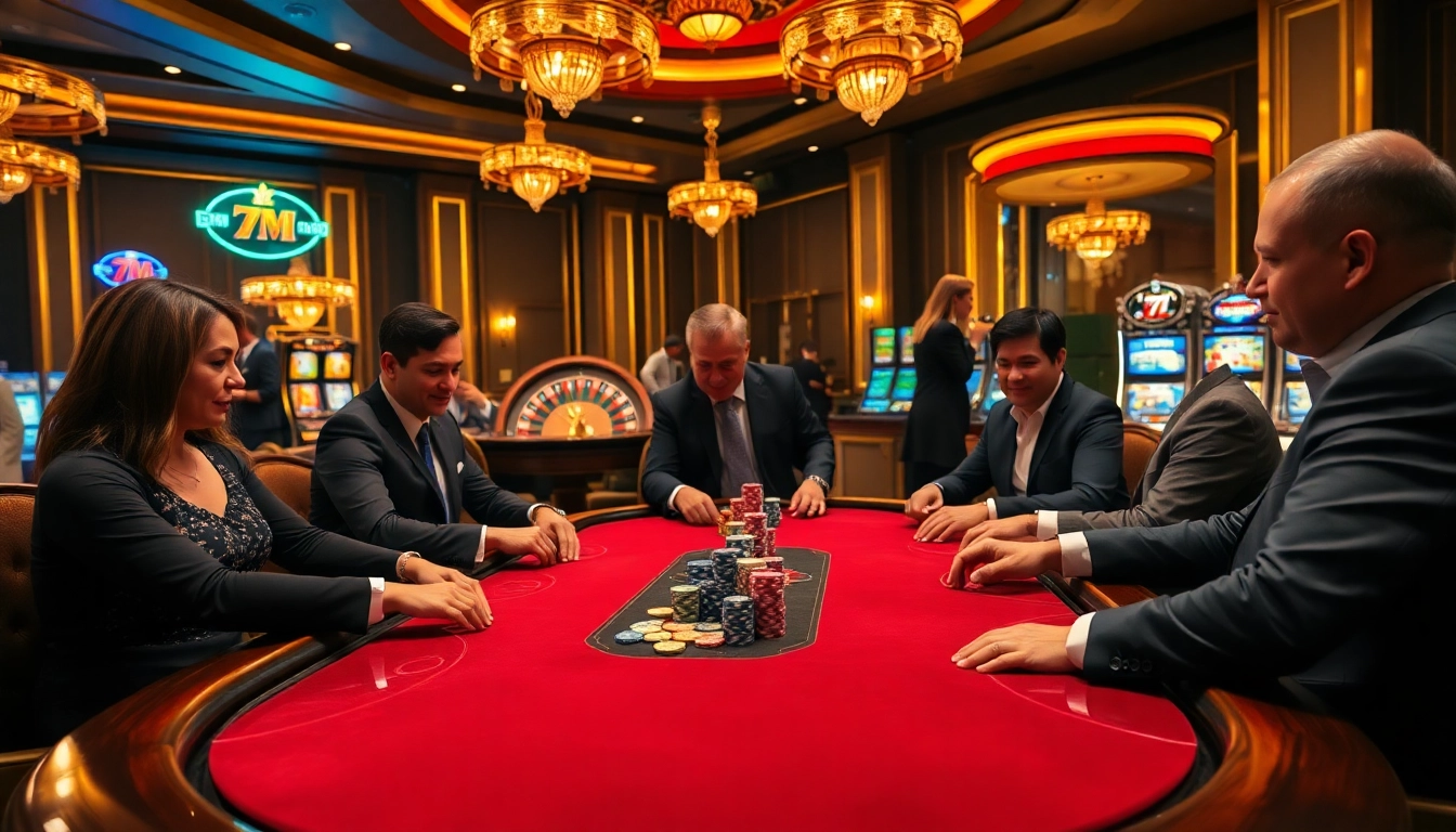 Experience the thrill of high-stakes poker at 7M casino with vibrant atmosphere and elegant gaming.