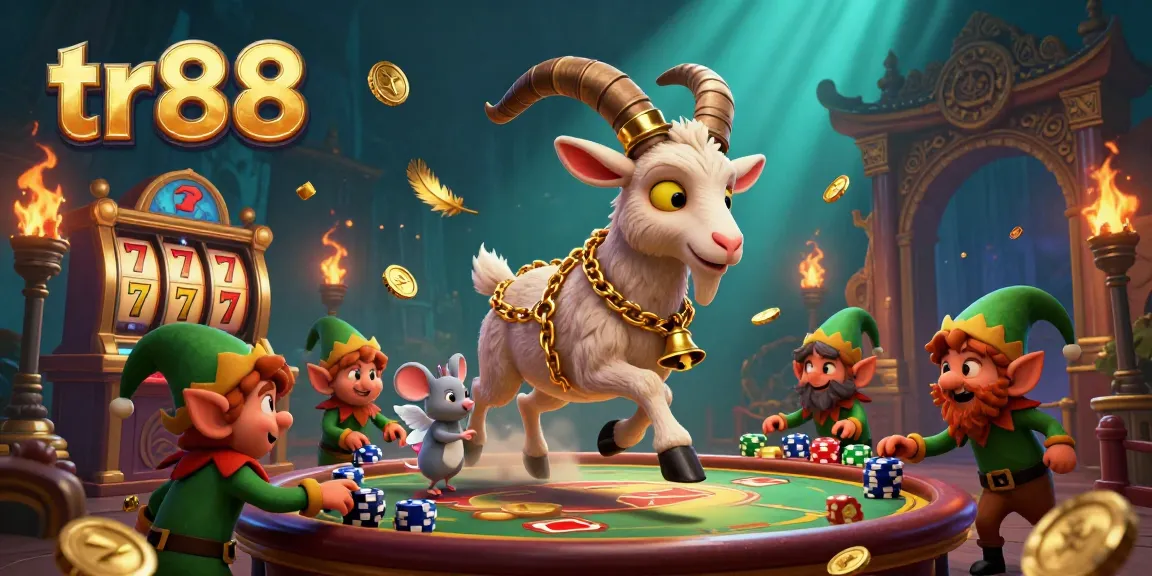 Engage with tr88 at a vibrant casino, featuring a chaotic scene with Krampus, an angel mouse, and mischievous elves.