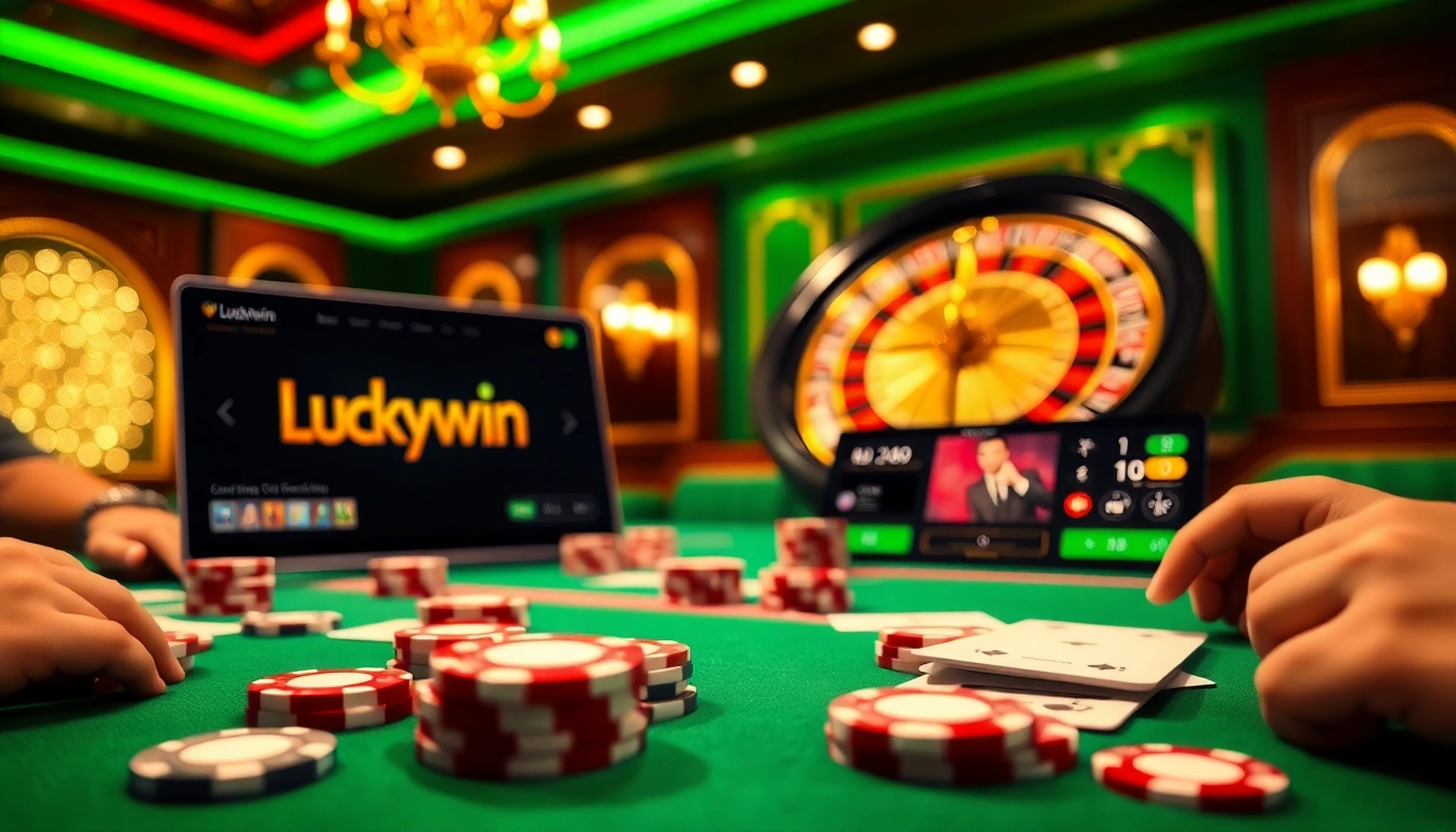 Luckywin players enjoying a thrilling poker game with vibrant chips and glamorous casino ambiance.