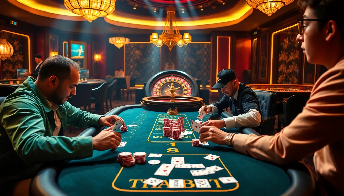 THABET poker players strategizing at a luxurious casino table amidst a vibrant atmosphere