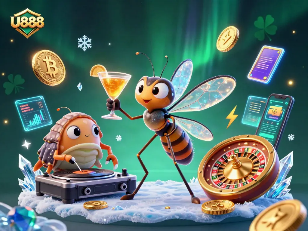 Engage with U888's vibrant casino scene featuring a unique frozen mosquito mascot.