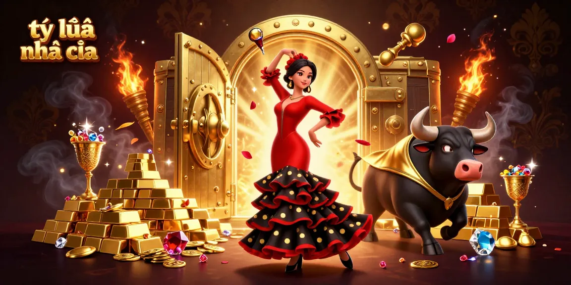 Dynamic scene showcasing tỷ lệ nhà cái with a Spanish dancer, a golden bull, and rich casino elements