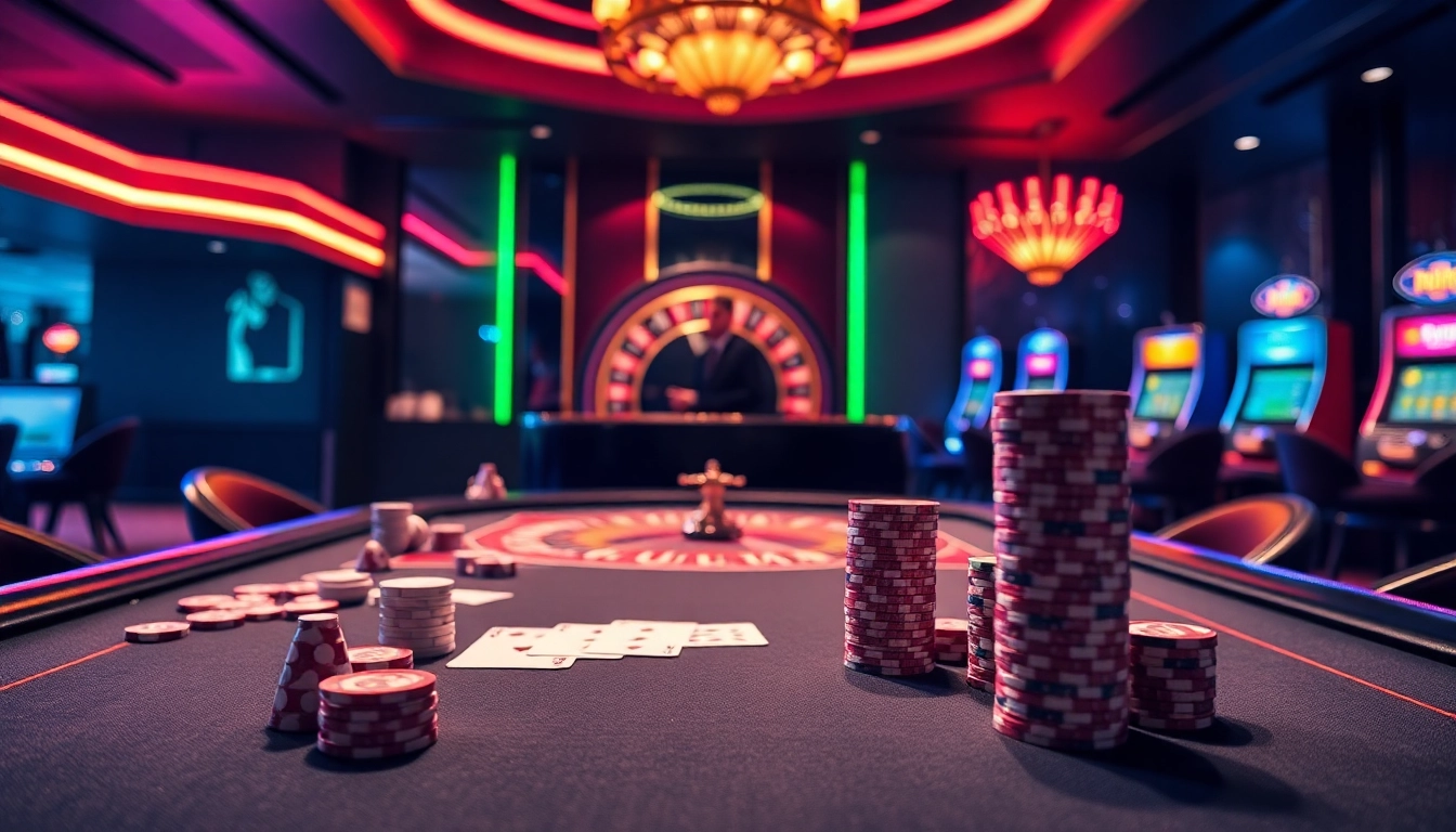Engage in thrilling poker action at https://sunwin.builders/ with stacked chips and a dazzling casino backdrop.