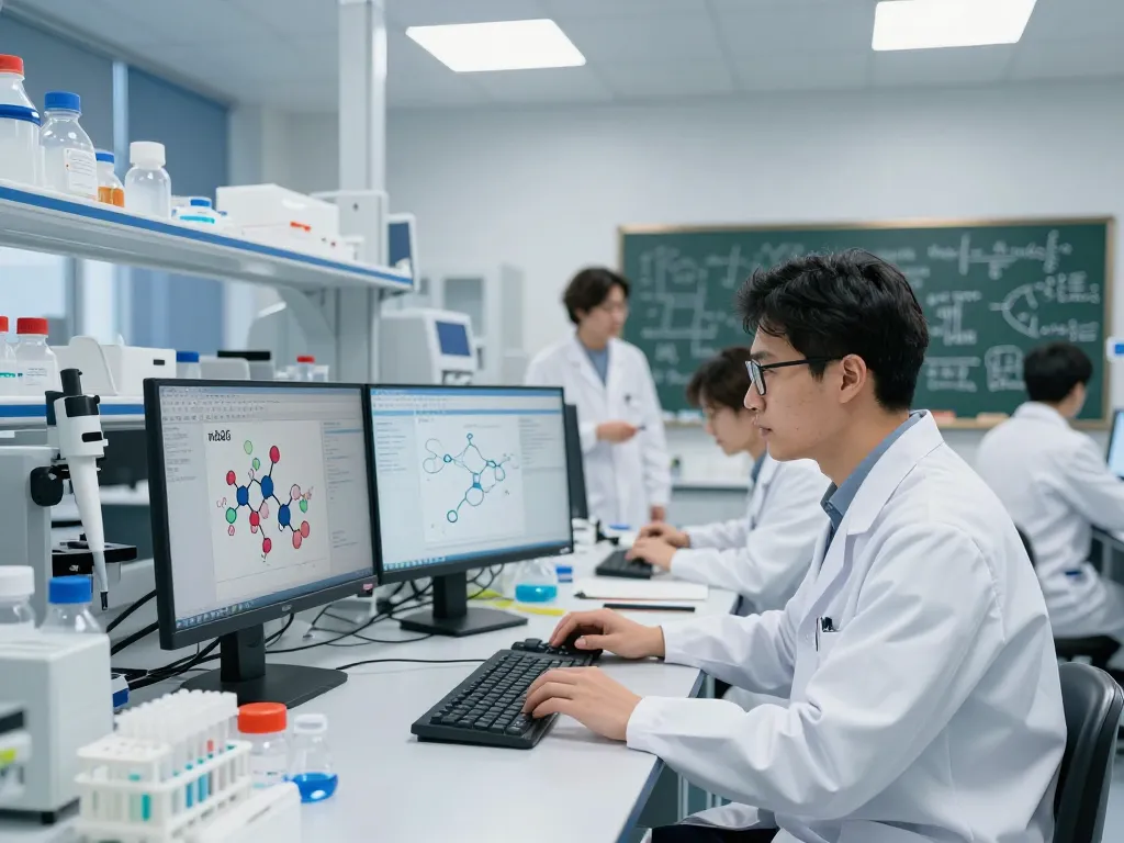 Scientist analyzing mb66 research data in a modern lab setting.