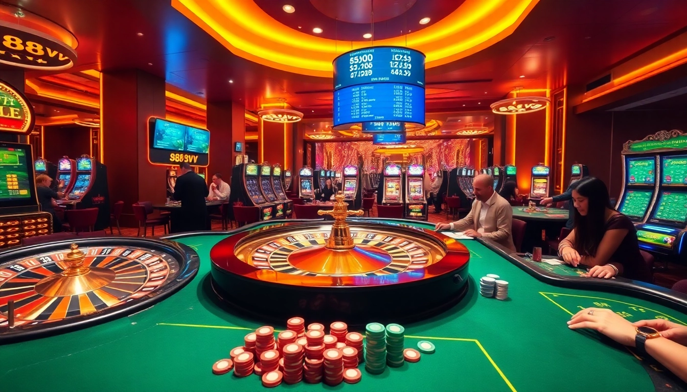 Exciting gameplay at 88vv casino with vibrant tables, slot machines, and engaged players.