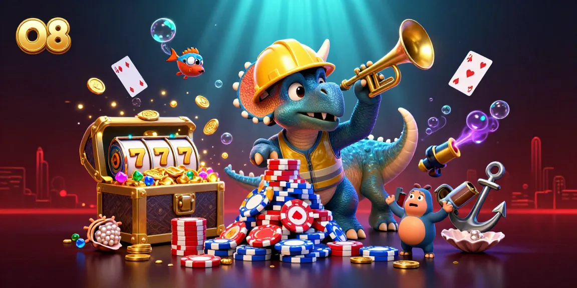 Bet on O8 slots with excitement as triceratops stacks poker chips in a vibrant underwater world.