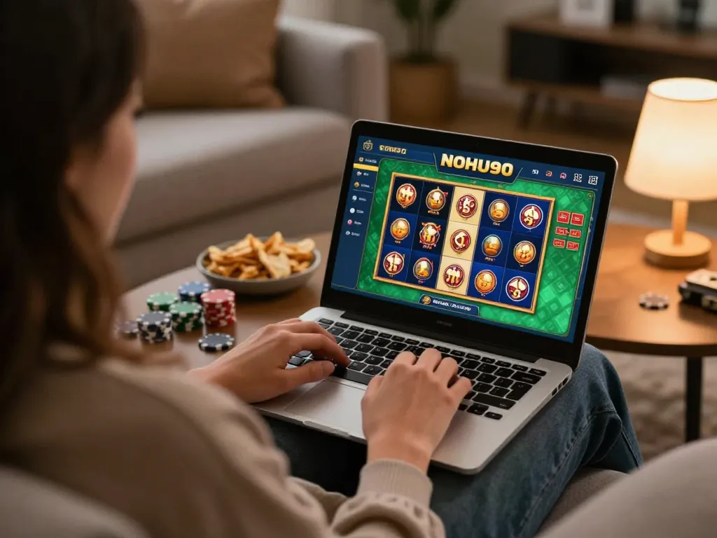 Engaging in online gaming with NOHU90 on laptop at home, showcasing a cozy atmosphere