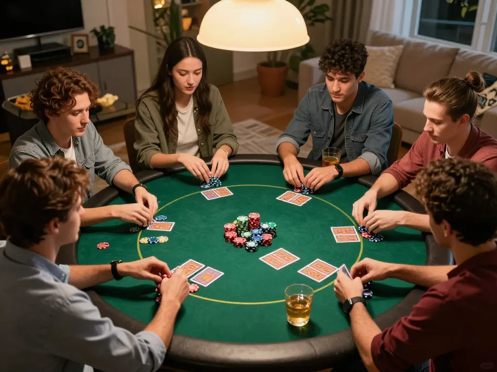 Engaging home poker game night showcasing friends enjoying a game, strategic gameplay, 79KING experience.