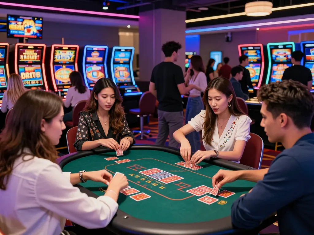 Xibet gaming scene featuring friends enjoying card games in a vibrant casino atmosphere with colorful lights and modern gaming.