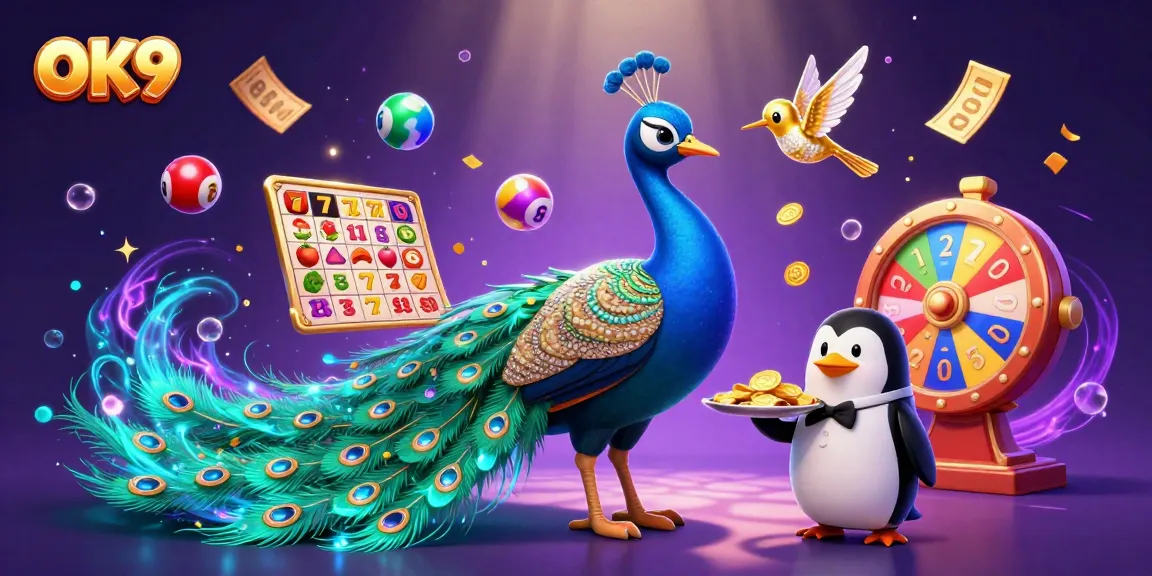 Experience the excitement of OK9 with vibrant slot reels and iconic symbols in this dynamic gambling scene.
