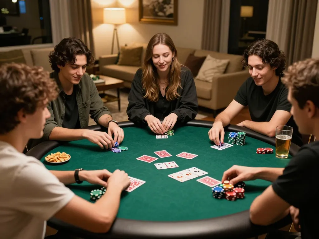 Friends enjoying a lively poker game night at home with SP8BET atmosphere