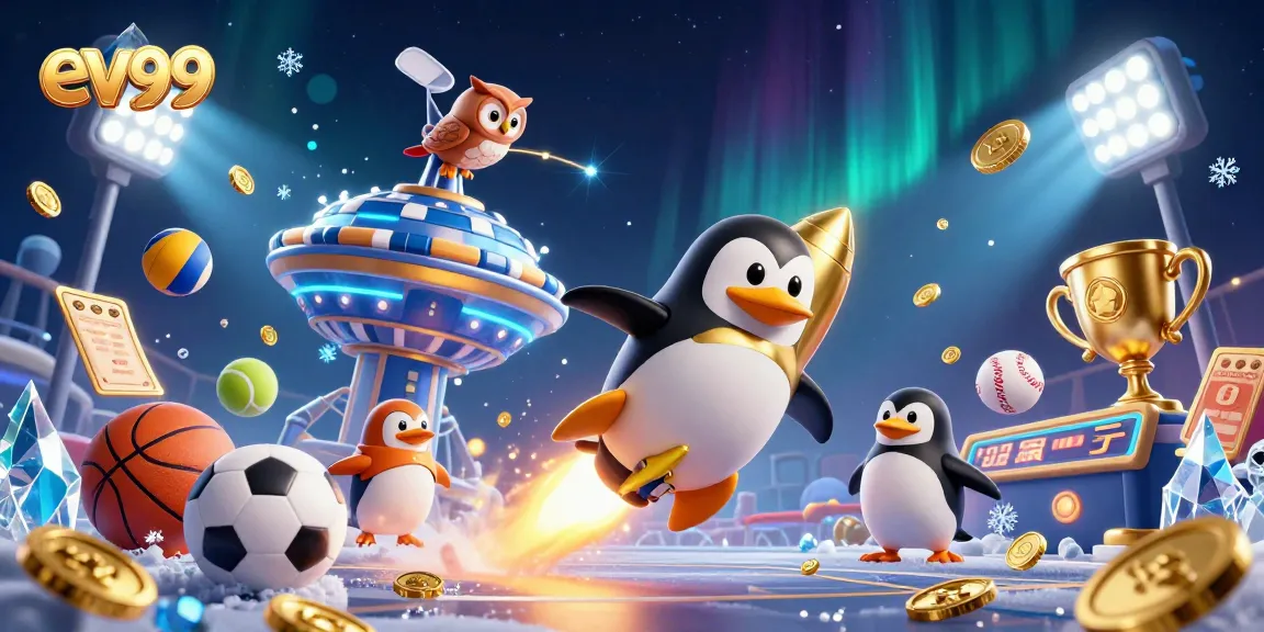 Visualize winning with ev99 as a golden penguin propels through a casino-themed space.