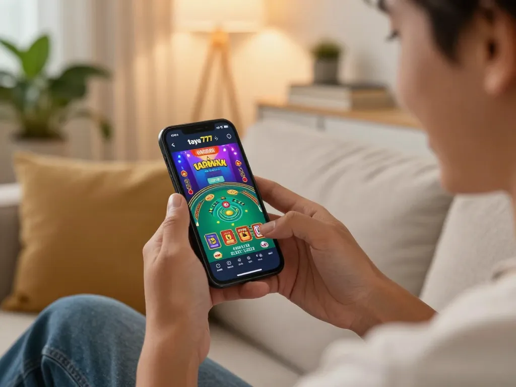 Engaging in a live casino game on the taya777app in a cozy home setting with warm lighting