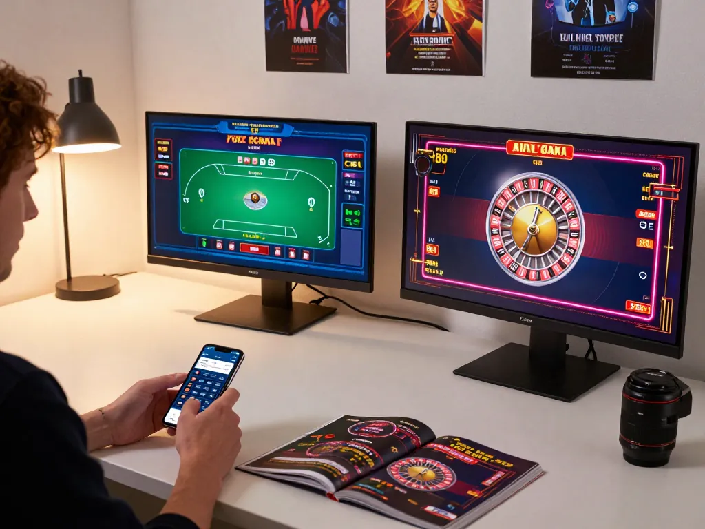 Engaging online gambling scene featuring ok365 poker game interface on multiple screens in a stylish workspace.