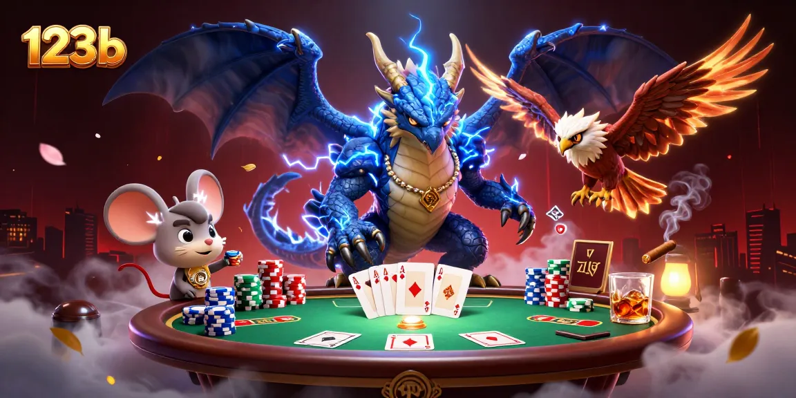 Engaging poker scene featuring 123b, showcasing a thunder dragon and dynamic game elements.