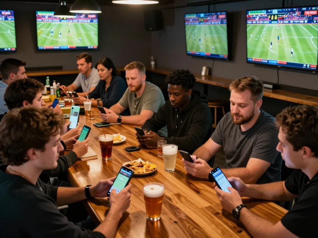 Enthusiastic bettors using Fabet app in a vibrant sports bar for live betting excitement.