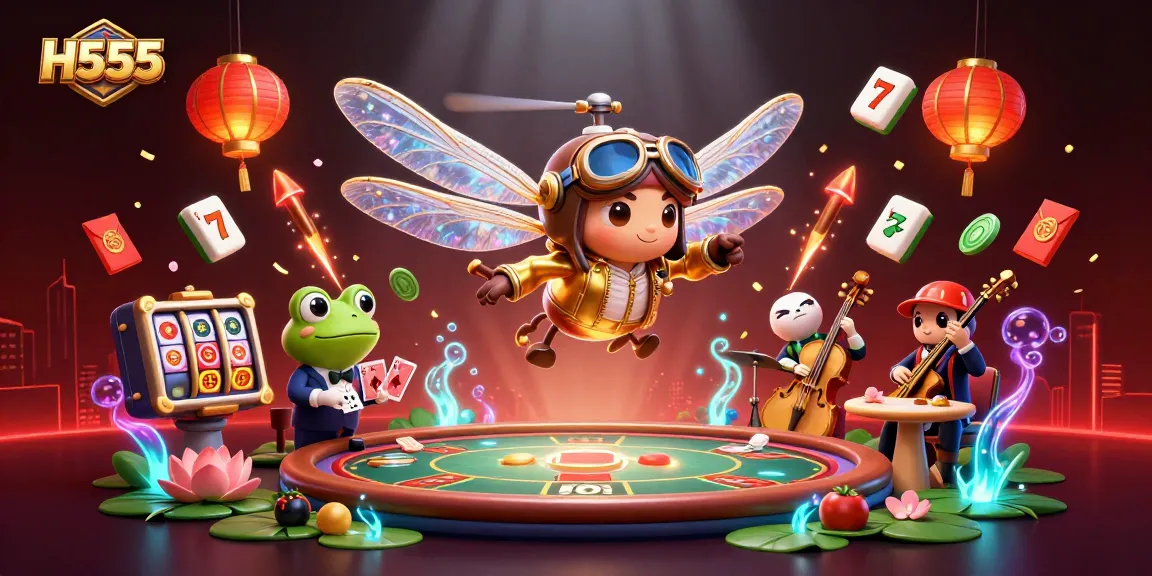 H555 offers dynamic action with a dragonfly pilot and frog dealer in a vibrant casino scene.
