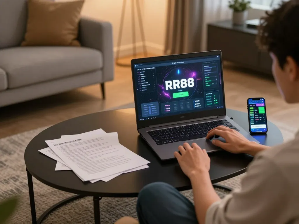 Engaging in online gaming at RR88 with a stylish setup and strategic notes visible.