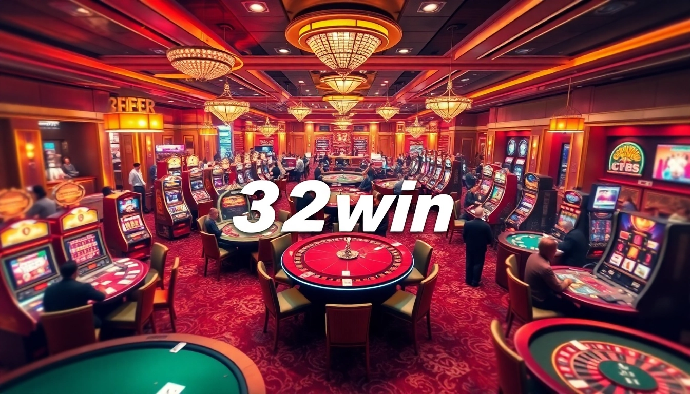 Players experiencing thrilling moments at 32win casino, surrounded by vibrant games and luxurious decor.