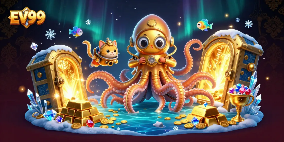 Bet on the thrilling experience at EV99 with a stunning kraken and diving cat in a glittering treasure scene.