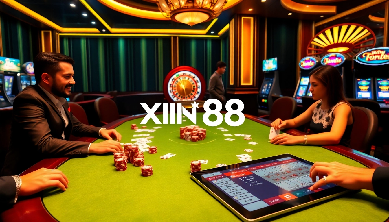 Exciting Xin 88 online gambling scene with poker chips and a roulette wheel.