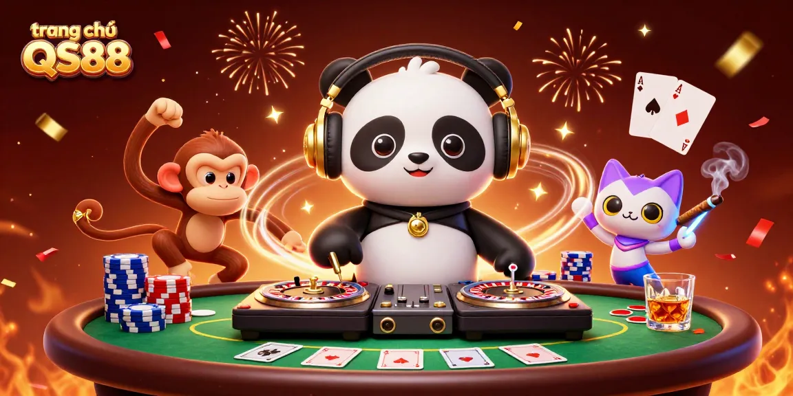 Engage with the thrilling scene on trang chủ QS88 featuring a DJ panda and vibrant casino elements.