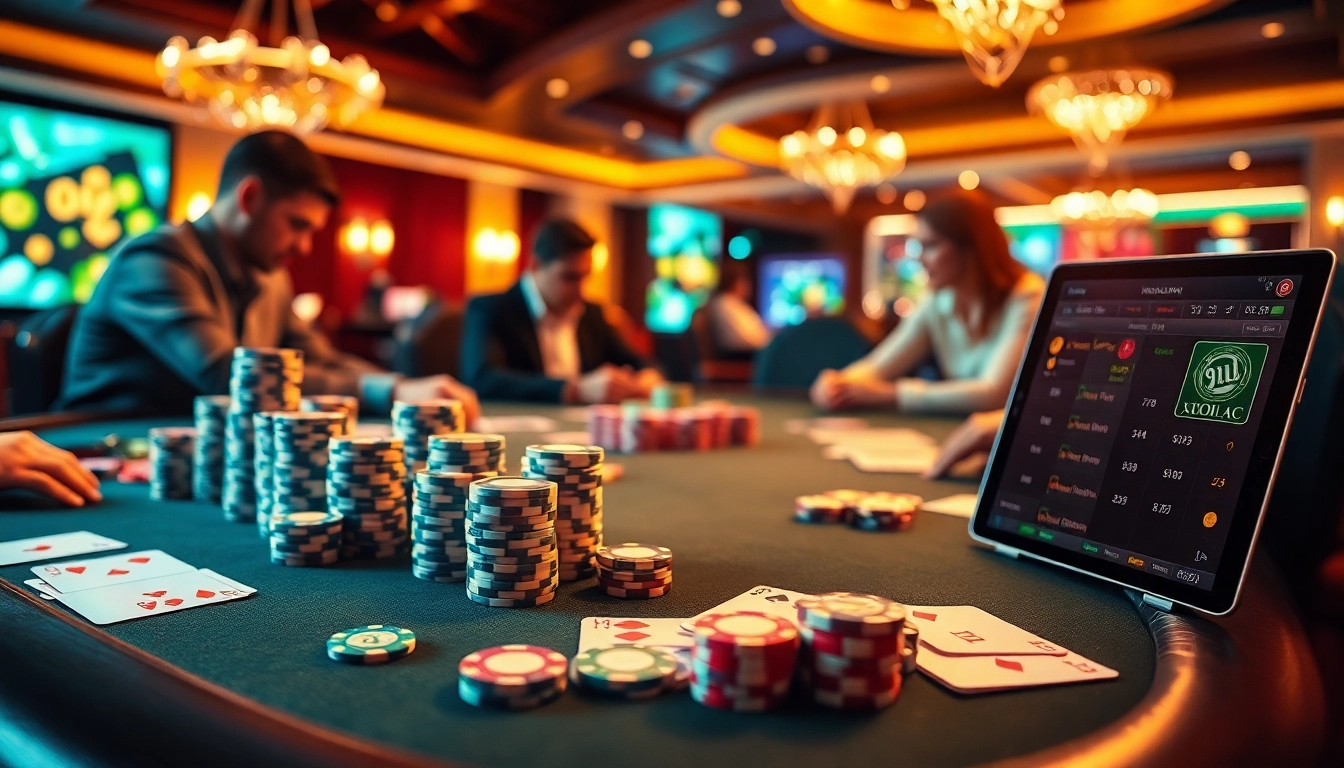 Xoilac players enjoying a thrilling poker game with vibrant chips and high-quality cards.