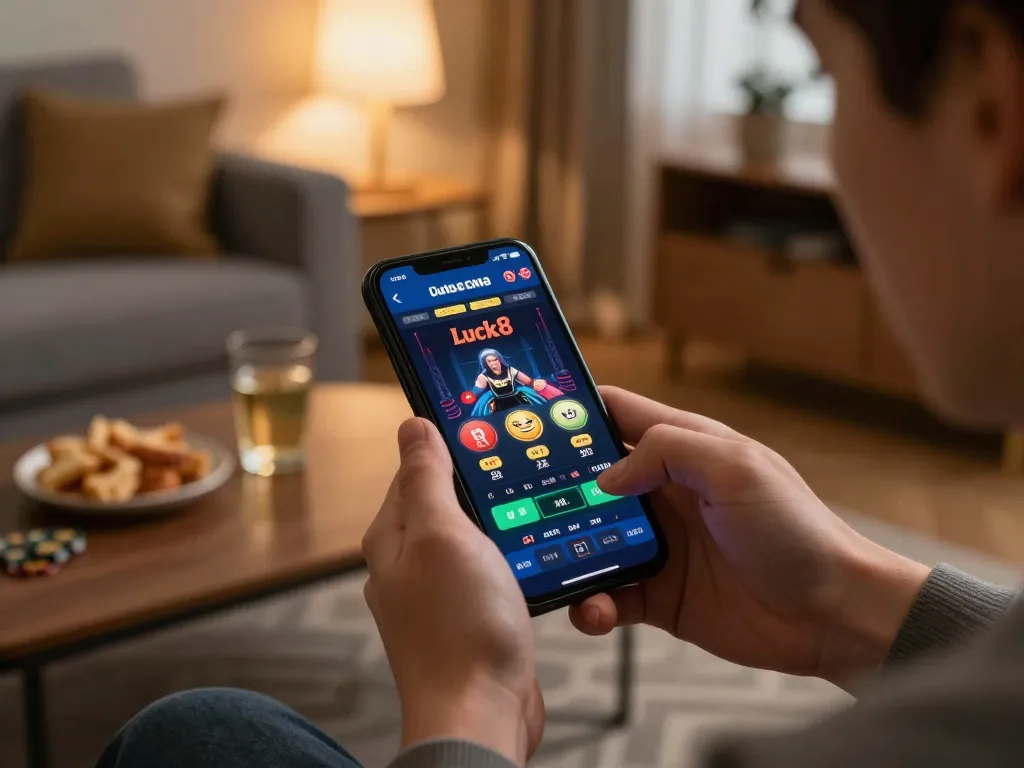 Player enjoying the luck8 mobile app for online casino games in a cozy home environment.