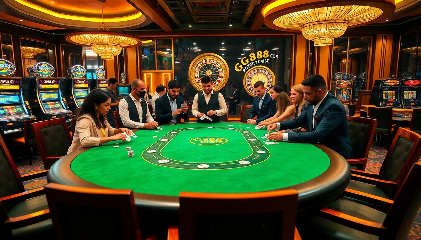 Engage with GG88 at a luxurious casino poker table, featuring vibrant decor and excited players.