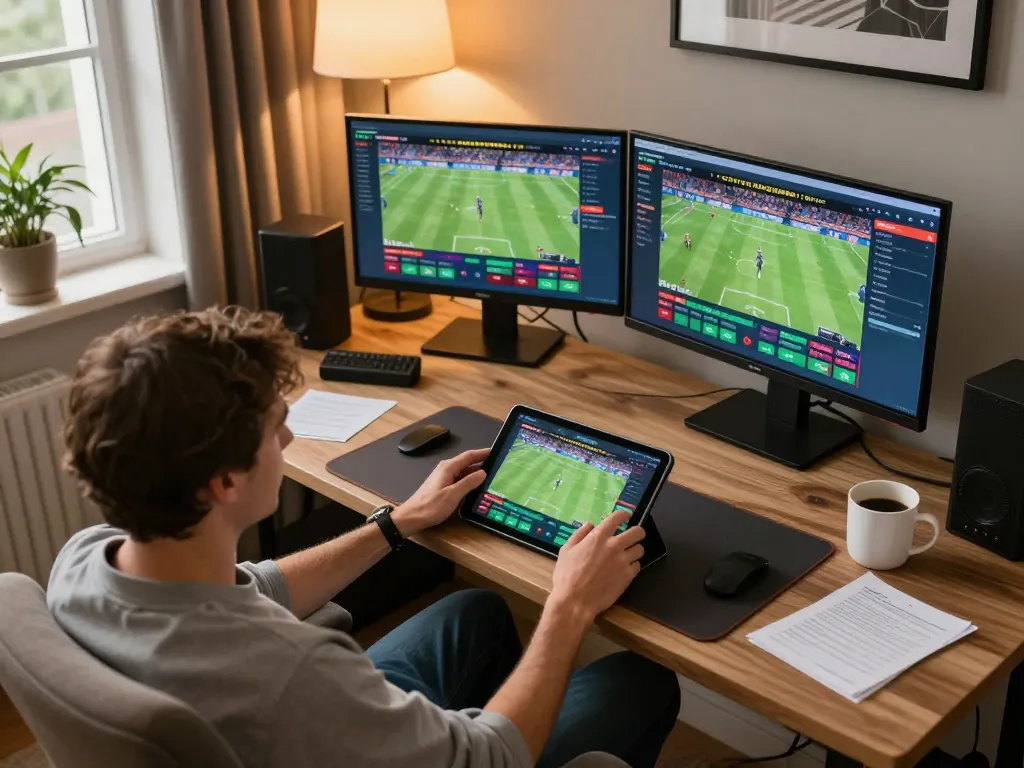 Player engaging in live betting on 86bet using a tablet in a cozy home setting.