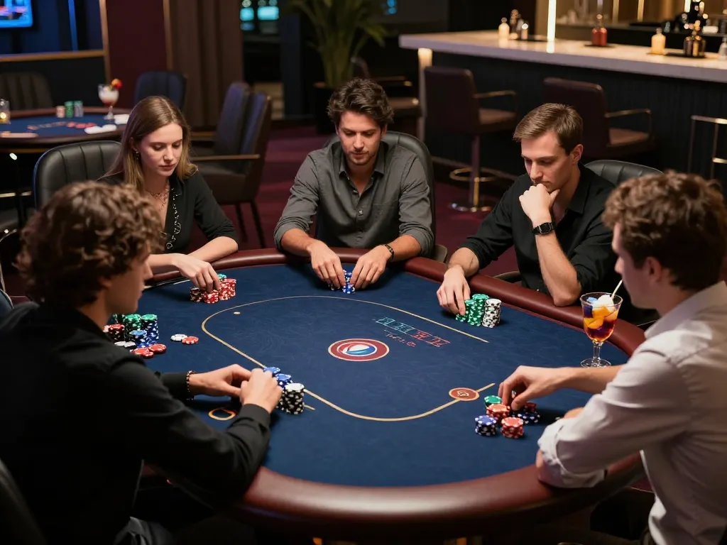 Players engaged in a high-stakes poker game at https://888vnd.bid/ showcasing chips and intense concentration