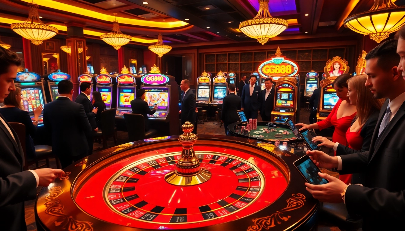 Experience the thrill of gambling at GG88 with a luxurious casino setting featuring roulette and vibrant slot machines.