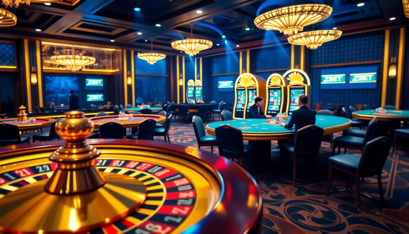 ZBET casino scene with poker table, roulette wheel, and glowing slot machines creating an energetic atmosphere.