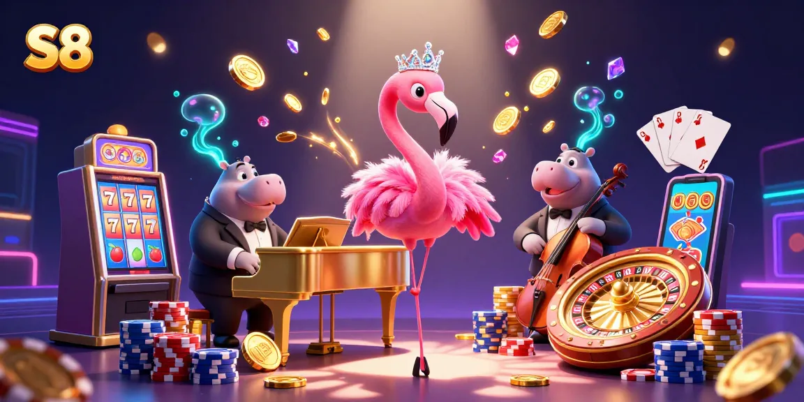 Engage with the vibrant S8 casino scene featuring a lounge singer flamingo, hippo bassist, and dynamic game elements.