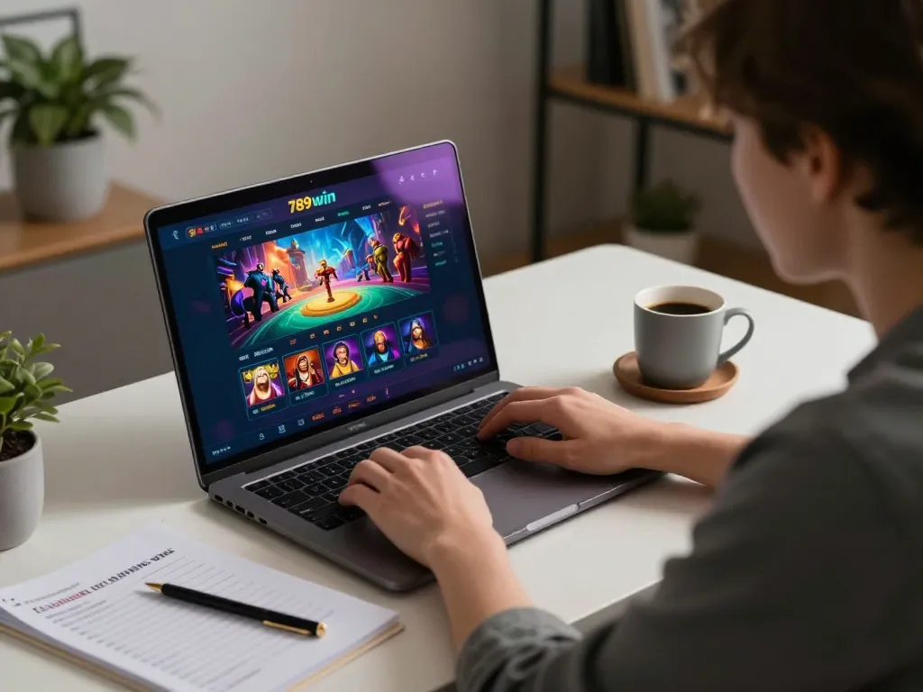 Playing strategic online games at 789win casino on a laptop in a cozy home setting.