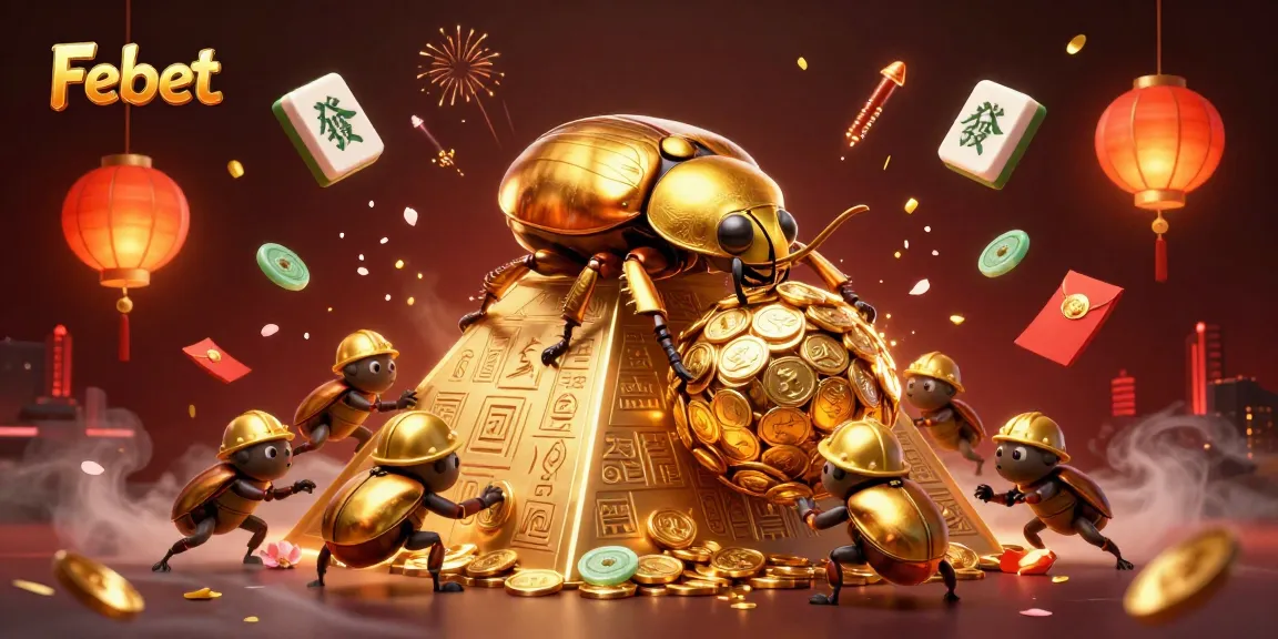 Experience exhilarating gaming fun at Febet with golden symbols and dynamic casino elements in a vibrant illustration.