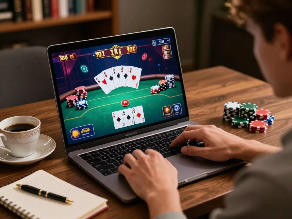 Winwin player enjoying an exciting online poker game on a modern laptop with coffee and strategy notes