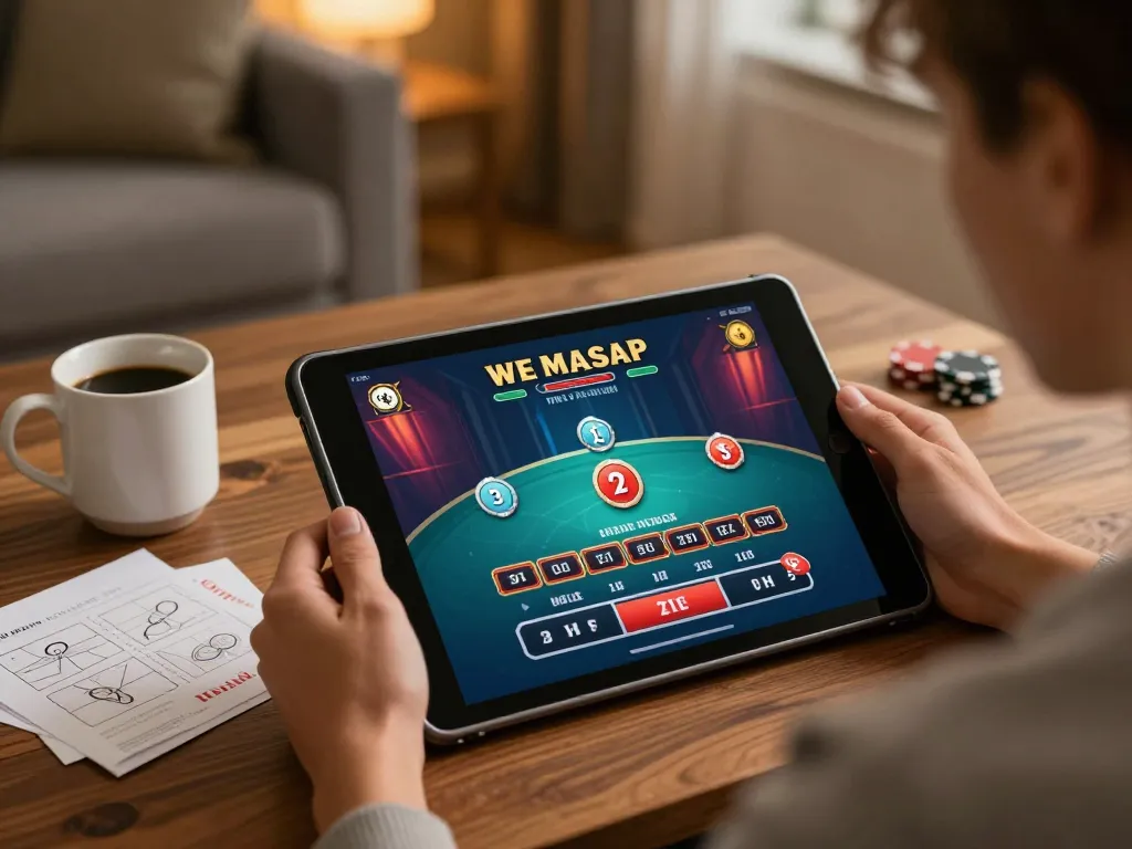 Engaging in live dealer gaming on GA6789 tablet, surrounded by personal strategy notes and warm ambiance.