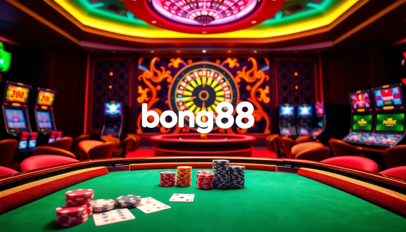 Bong88 players enjoying an exciting casino atmosphere with poker chips and roulette wheels.