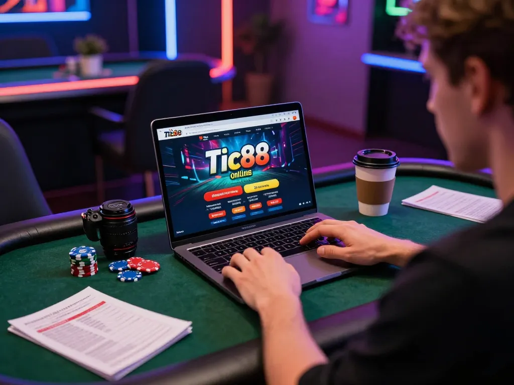 Tic88 online gaming experience with a player engaging in responsible gambling on a sleek laptop.