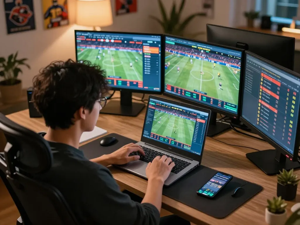 88clb user placing live sports bets in a modern home office setup, showcasing dynamic betting action.