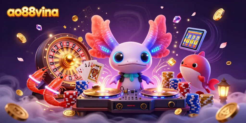 Experience the vibrant world of ao88vina, featuring an axolotl DJ spinning winning slots and dazzling shrimp dancers.