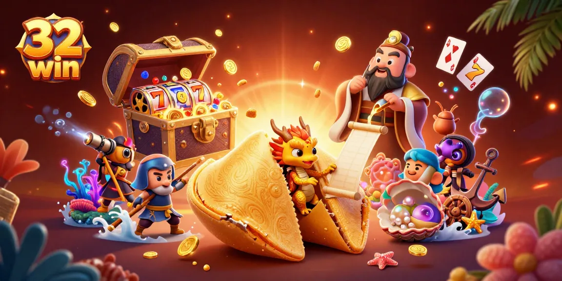 Engage with exciting slots at 32 win, featuring golden fortune cookies and floating jackpots in a rich casino scene.