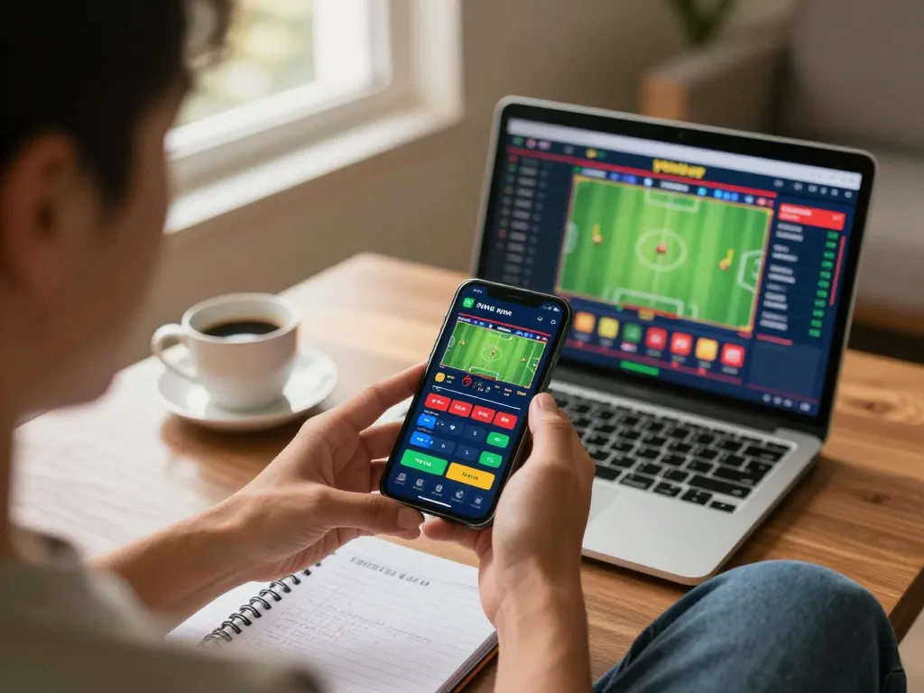 Engaged sports bettor placing wagers on the nhà cái xibet app in a cozy living room setting