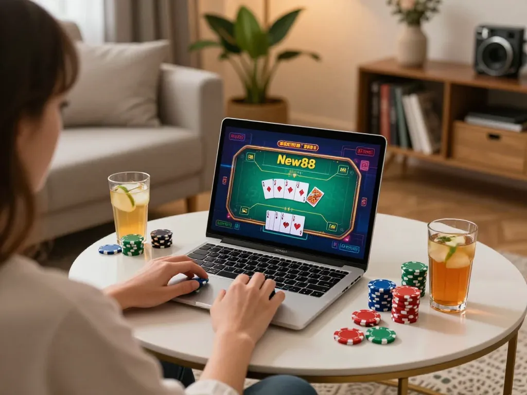 Engaging player enjoying a strategic poker session on New88's online platform in a cozy home.