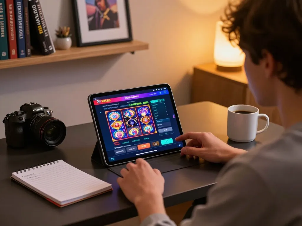 Engaging gambler enjoying 88aa trang chủ via tablet in a stylish home setting with strategic gaming notes.