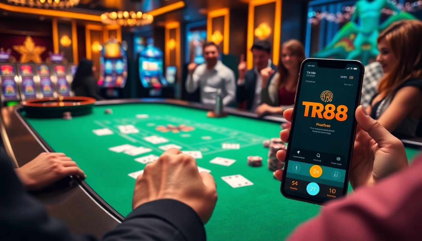 Experience excitement with TR88 as players engage at a vibrant casino table filled with cards and chips.