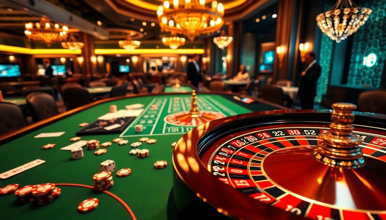 Engaging scene at KP88 casino table with poker chips, cards, and roulette wheel.